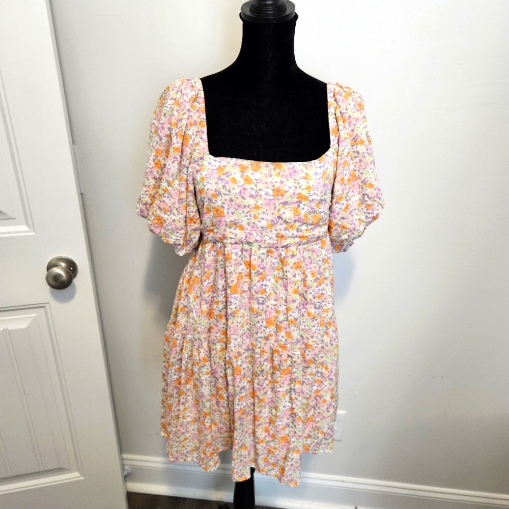 MINKPINK Versailles Puff Sleeves Square Neck Floral Pink  Mini Dress Size Small